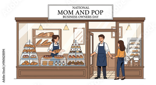 Illustration of a mom and pop business owner couple standing outside their local retail shop on National Mom and Pop Business Owners Day with a sign above the door.