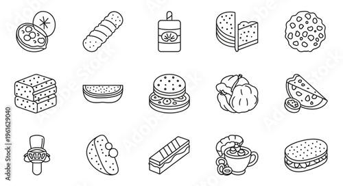 Collection of Food Illustrations - Diverse Culinary Delights in Line Art.