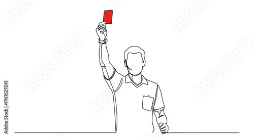 Soccer Referee Showing Red Card, Sports Penalty, Foul Decision, Line Art