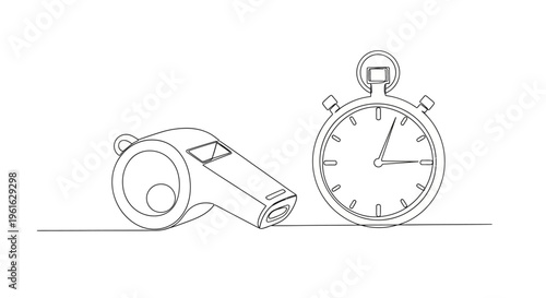 Sports Coach Whistle and Stopwatch Line Drawing - Coaching, Timekeeping, Referee