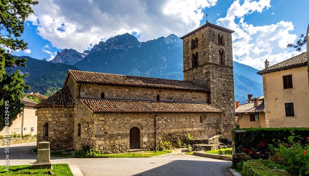 Fototapeta premium Ancient stone church with a tall tower set amidst verdant greenery and majestic mountain peaks