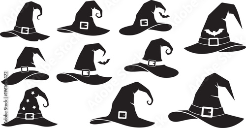 Collection of Various Black Witch Hats on White Background
