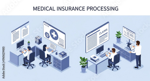 Medical Insurance Processing - Isometric View of Healthcare Claims Office.