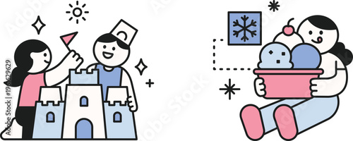 Children enjoying sandcastle building and winter fun with snowman and siblings in cozy moments together