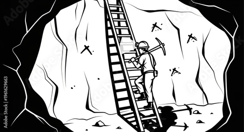 Miner Ascending Ladder in a Mine Shaft Illustration.