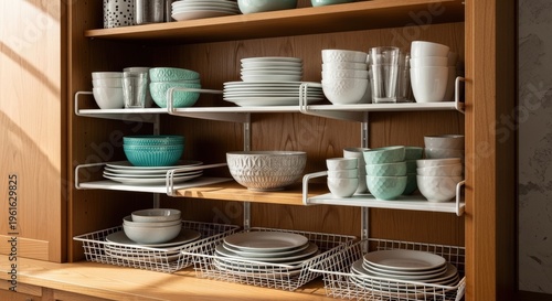 Meticulously organized kitchen cabinet displays stacked dishes, bowls, and cups, maximizing storage efficiency with clever under-shelf rack solutions