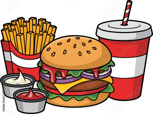 Fast food vector illustration set with burger, french fries, soda cup, ketchup, and mayonnaise sauce