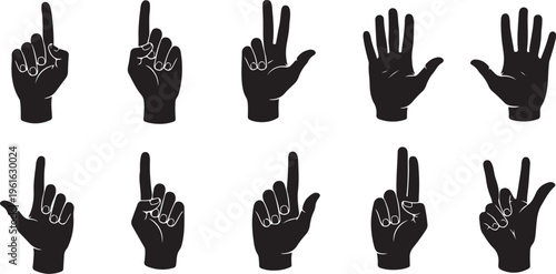 Hand gestures and finger counts in black silhouette style