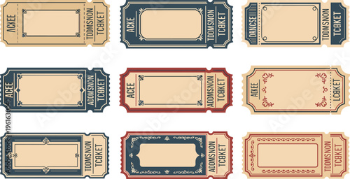 Vintage admission ticket templates vector set with ornate borders and retro style design elements perfect for events, cinema and theater passes isolated on white background