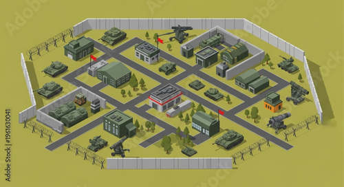 Isometric Military Base Illustration with Tanks and Buildings.