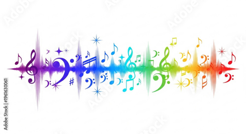 Vibrant rainbow musical notes sound wave with treble clef and music symbols on white background