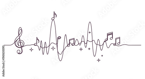 Music waveform with treble clef and notes on white background symbolizing harmony and melody in a minimalist style