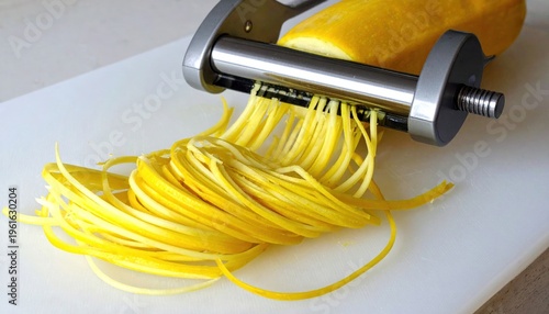Yellow Squash Noodles Being Made with a Spiralizer.