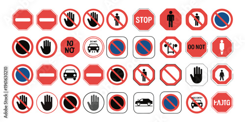 Road sign set, collection of traffic symbols with prohibition, stop, do not enter, and no parking.