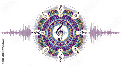 Vibrant musical mandala with treble clef and sound wave on white background symbolizing harmony and rhythm in a colorful intricate design