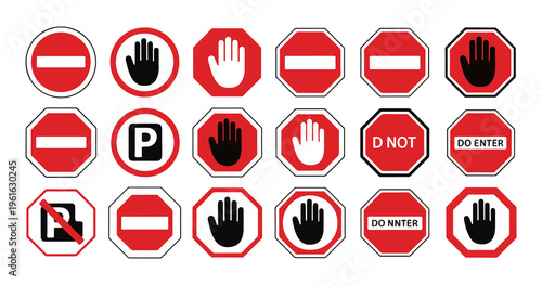Collection of prohibition road signs including stop, no entry, no parking, and hand gesture symbols.