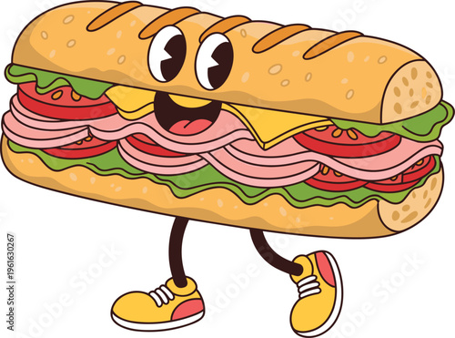 Cartoon sandwich character vector illustration with ham, cheese, and lettuce, in vintage rubber hose style
