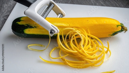 Yellow squash being peeled into ribbons on a cutting board.