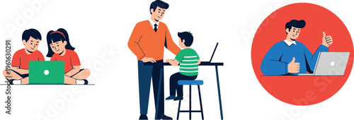 Parents Helping Children with Online Learning and Homework Using Laptop Devices Vector Illustration Set for Home Education Support Tutorship and Digital Study Concepts Modern Family