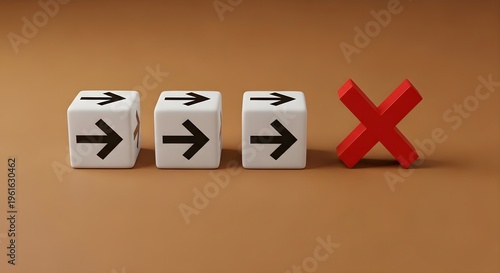 Three white cubes with black arrows pointing right are placed next to a red 'X' symbol on a brown background.