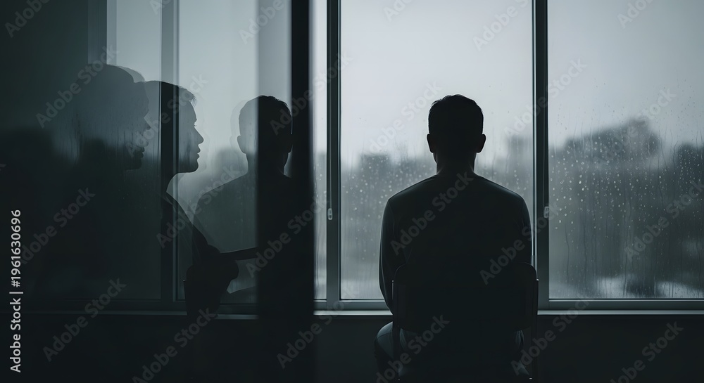 Fototapeta premium A silhouette of a man sitting by a window, with reflections of himself visible on the glass, creating a sense of introspection and loneliness.