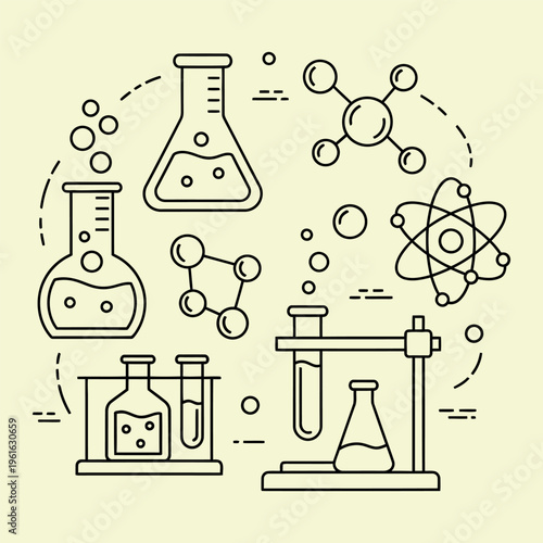 Minimal line of laboratory equipment and molecular structures beakers flasks test tubes