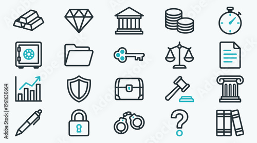 Legal and Financial Icon Set with Courtroom and Banking Elements