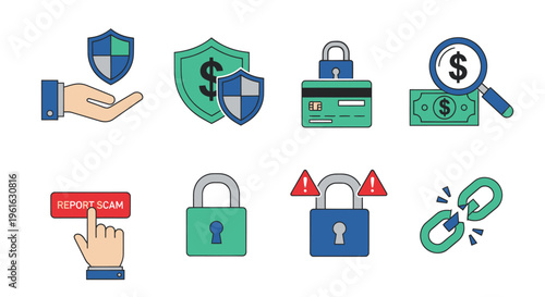 Online Security and Financial Protection Icons: Shield, Credit Card, Money, Scam Report, Lock, Broken Chain