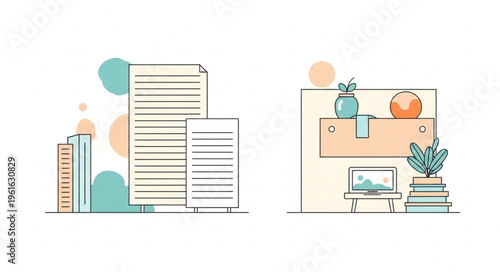 Minimalist Office Decor - Books, Documents, and Cozy Workspace Illustration.