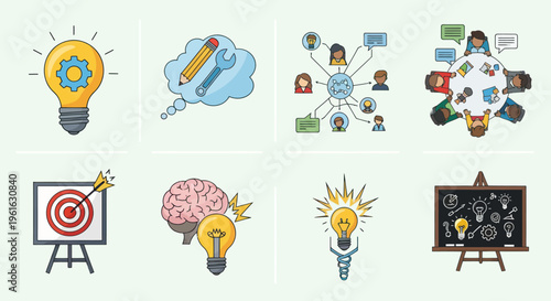 Creative Ideas and Collaboration Icons: Brainstorming, Teamwork, Innovation, Target