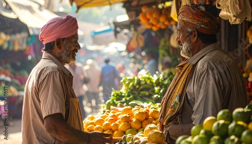 Two men conversing at a vibrant fruit market stall.