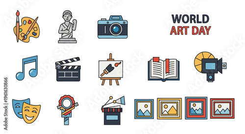 World Art Day Icons Set: Painting, Sculpture, Camera, Music, Film, Books, Photos