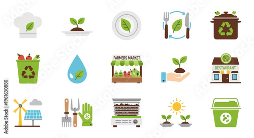 Sustainable Food Icons Collection: Organic Farming, Eco-friendly Restaurant, and Recycling