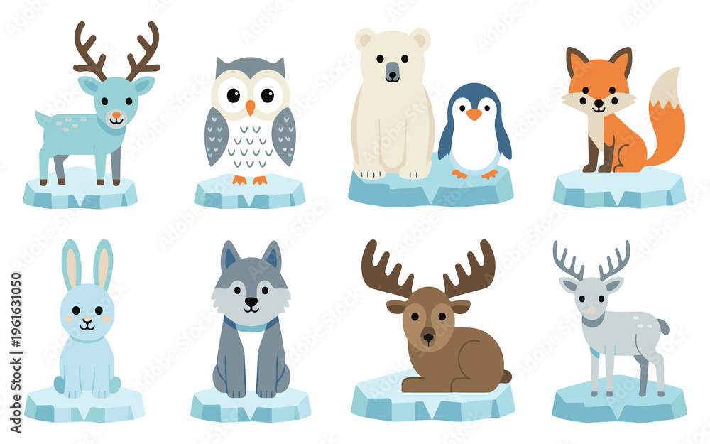 Obraz premium Cartoon animals standing on icebergs in a fun illustration