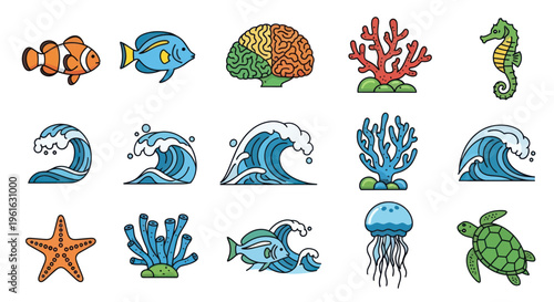 Ocean Life Icons: Fish, Seahorse, Turtle, Jellyfish, Starfish, Coral, Waves, Brain
