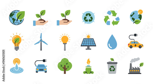 Eco-friendly Icons: Earth, Recycling, Plants, Solar, Wind, Water, EV