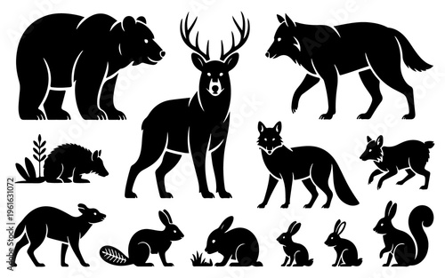 Canvas Print Black silhouettes of various wild animals on white background