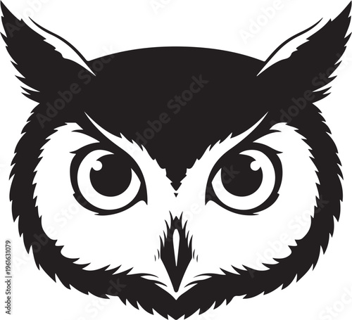 Stylized black and white owl face with sharp gaze