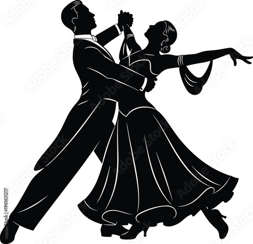 Elegant black and white vector illustration of a professional ballroom dancing couple performing a classic waltz in formal evening wear.