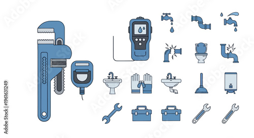 Plumbing Tools and Fixtures Icons Set: Wrench, Sink, Toilet, Faucet, Pipes, Boiler