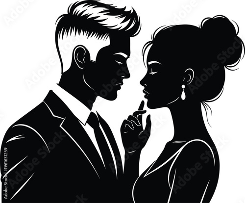 Elegant black and white vector profile illustration of a romantic young couple in formal attire sharing an intimate tender moment.