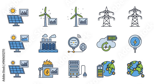 Renewable Energy Icons: Solar, Wind, Hydro, Grid & Battery Storage