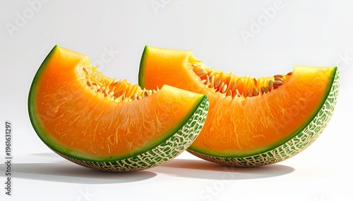 Two slices of cantaloupe melon on a white background.