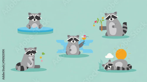 illustration of five raccoon activities in summer 