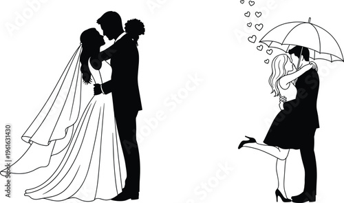Elegant black vector silhouette of a romantic couple embracing and kissing in a passionate pose for wedding and anniversary designs.