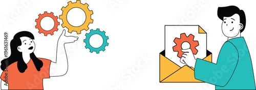 Collaboration between two people exchanging ideas through gears and an envelope symbolizing communication and teamwork