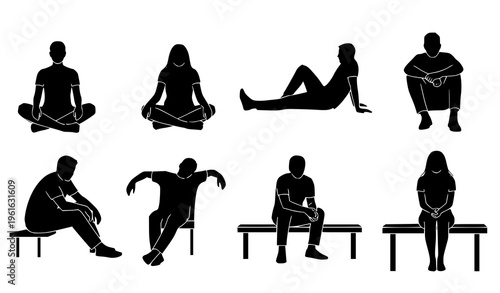 Minimal Sitting People Icons Relaxed Pose Silhouette Vector Set