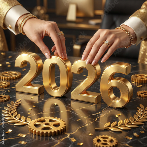 Hands arranging 3D gold font numbers and letters to spell 2026 copy