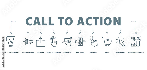 call to action banner concept with icon of call to action, megaphone, action, touch screen, button,
speaker, touch, buy, clicking, demonstrator,
