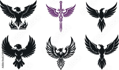 Phoenix and Eagle Vector Set Featuring Mythical Birds, Winged Sword Emblem, Fire Flames, and Powerful Flying Silhouette Designs